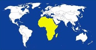 Weltkarte mit Afrika in Gelb hervorgehoben